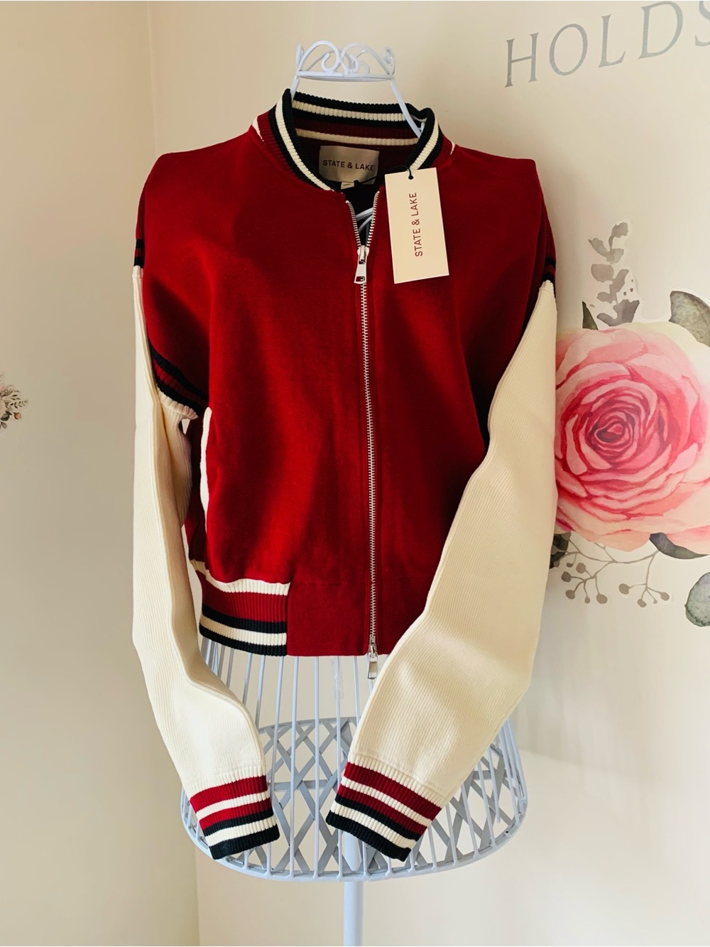 State & Lake Blake Varsity Sweater Jacket Burgundy White Black Large Collegiate